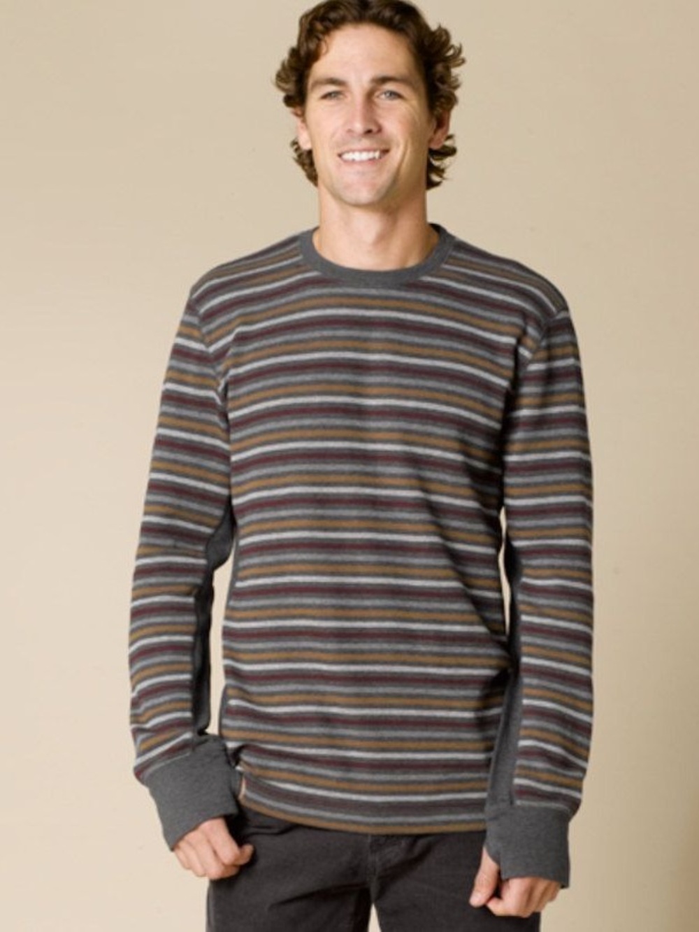 prAna Sweater Mens Medium Driftwood Crew Stripes Gold Gray Organic Cotton